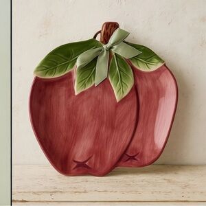 Ceramic Apple Plate Hand Painted Green  Bow Cottagecore Serving Trivet VTG Y2K